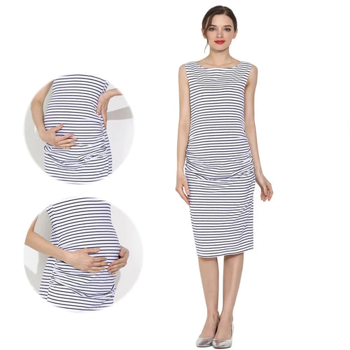 Summer Sleeveless Maternity Dress Knee-Length Casual Stripe Cotton Tank Dress for Pregnant Women Comfortable Mama Clothes