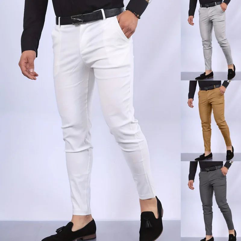 Men's Casual Decorative Fake Pocket Pure Color Formal Pants Mid Waist Long Trousers Cotton Polyester Blend Fashion Urban