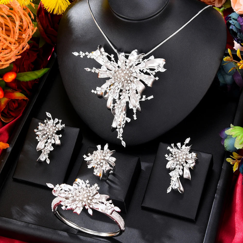 GODKI Famous Brand 4PCS Bicolor Flower African Jewelry Set For Women Wedding Party Zircon Crystal Dubai Bridal Jewelry Set Gift