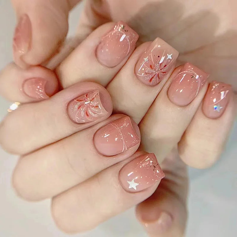24Pcs/Set Sweet Love Fake Nail with Gradient French Press on Nails Reusable Short Full Cover Nail Tips for Women Wholesale