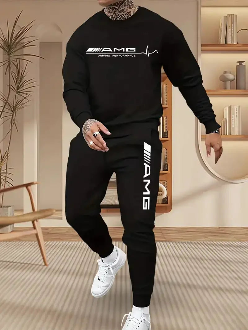 Mercedes-Benz Autumn Winter Set Men's Casual Versatile Printed Sweatshirt and Sweatpants Autumn Winter Cool Handsome Men's Long