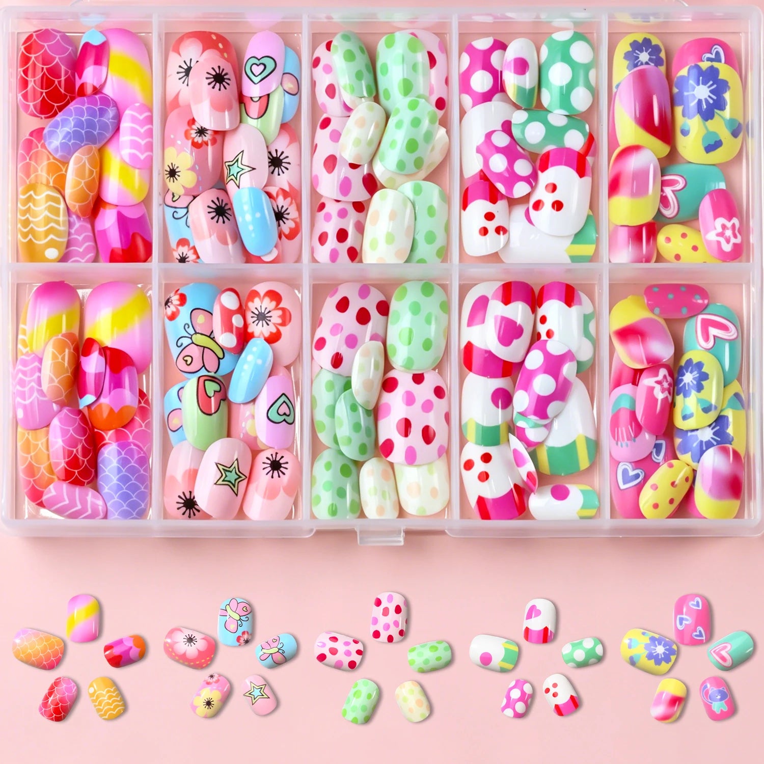 120pcs Square Round Flower Polka Dots Child False Nails Candy Color Mermaid Fish Scales Kids Press On Nails Pink Wearable Nails