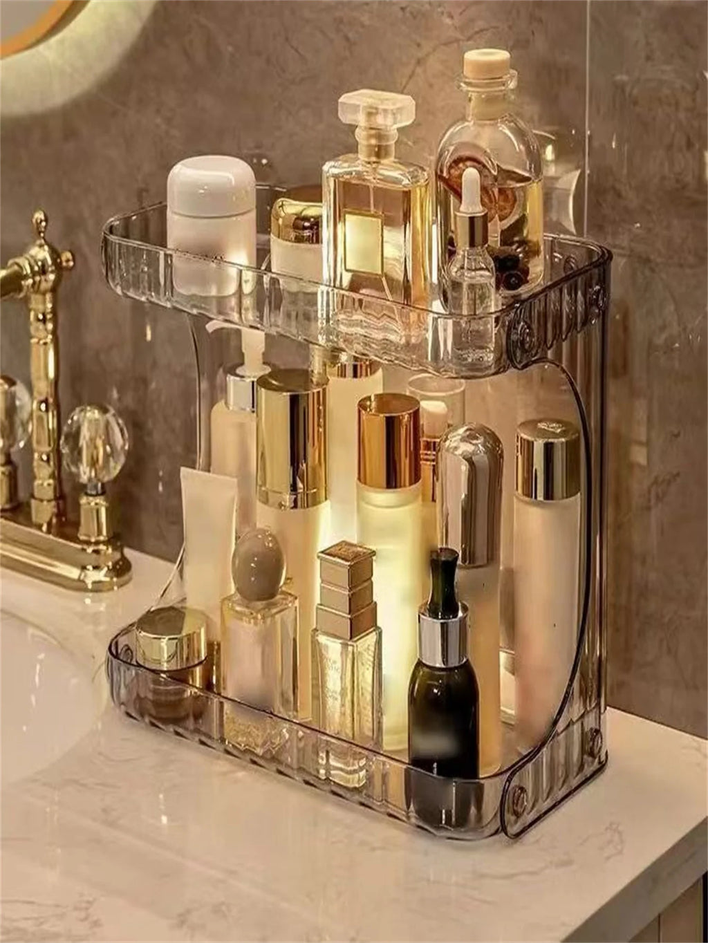 2-Tier Transparent Plastic Desktop Cosmetic Storage Box with 2-Tier Shelves & 4-Wheel Base - Space-Saving Organizer Tray, Freest