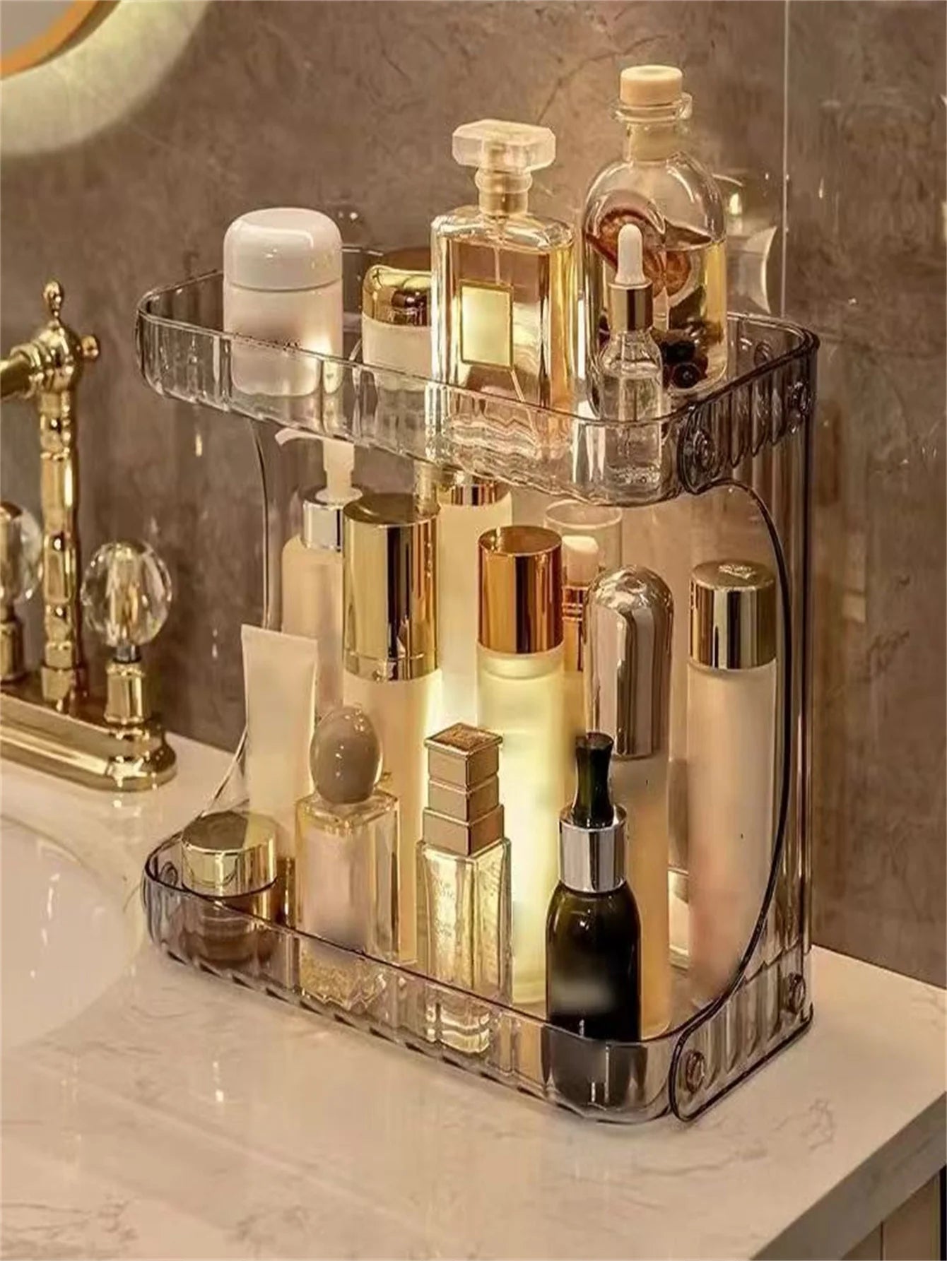 2-Tier Transparent Plastic Desktop Cosmetic Storage Box with 2-Tier Shelves & 4-Wheel Base - Space-Saving Organizer Tray, Freest