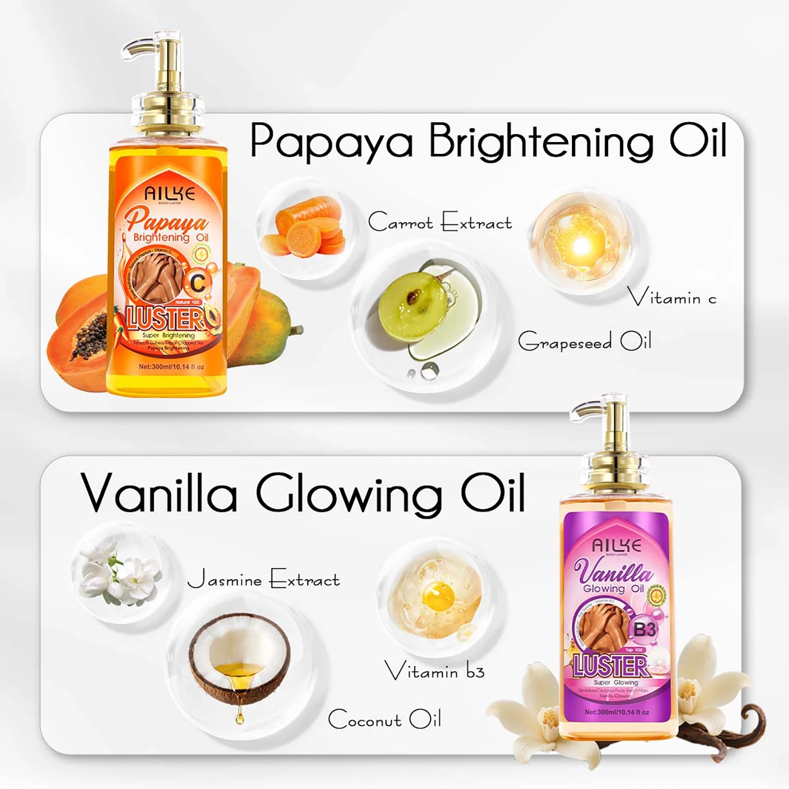 AILKE Lightening Body Massage Oil, Moisturizing, Anti Wrinkles, Dry Lines, Dark Spots Removal for All Skin Types, 300ml