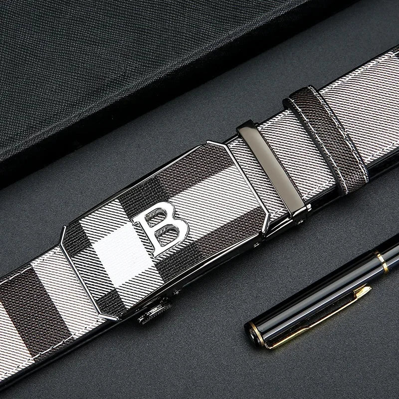 Trendy Plaid B Letter Automatic Buckle Belt for Men Premium Quality Fashionable Business Style Versatile Home Use