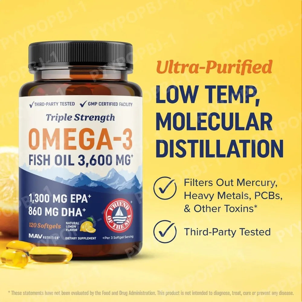 Omega 3 3600 Mg Aceite De Pescado EPA 1300 Y DHA 860 Suplemento Alimenticio De Alta Potencia | Fórmula Sin Eructos| 60 Cápsulas