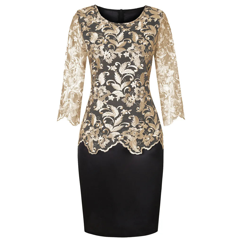 Women Elegant Formal Dress Large Size Half Sleeve Lace Patchwork Evening Party Dress Embroidery Round Neck Cocktail Dress