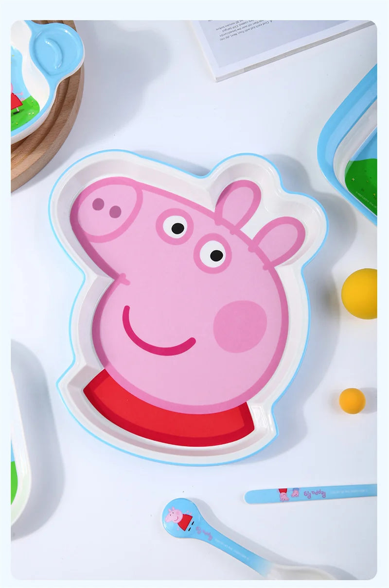 For Peppa Pig Tableware Cartoon Salad Bowl Anti-Fall Dining Plate Cup Spoon Baby Eating Double-ear Bowl Food-grade Divided Plate
