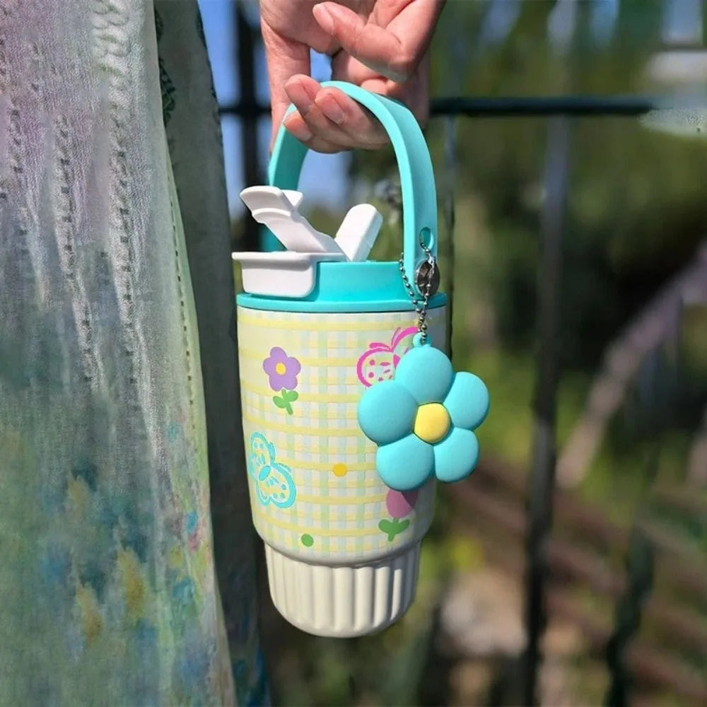 500ML 316 Stainless Steel Straw Cup Insulation or Cooling Strawberry Fruit Print Insulated Cup with Flower Pendant