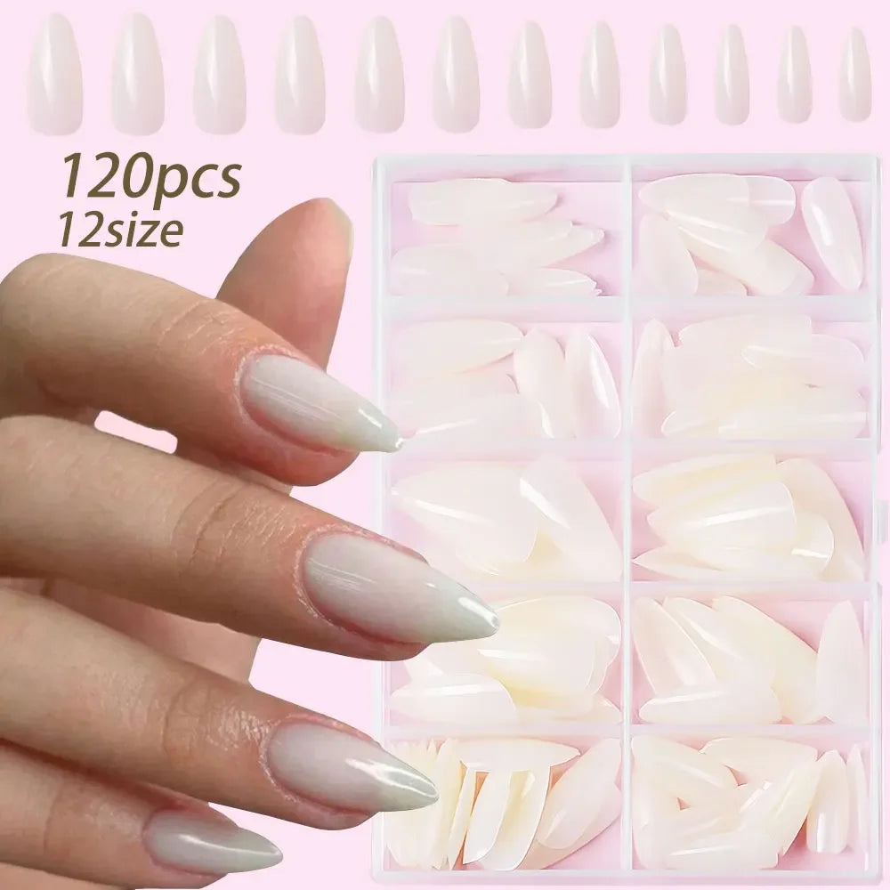 360/120pcs Light Pink Almond Press On Nails Glossy White French Fake Nail Simple Full Cover Fake Nails Soft Gel Nail Tips