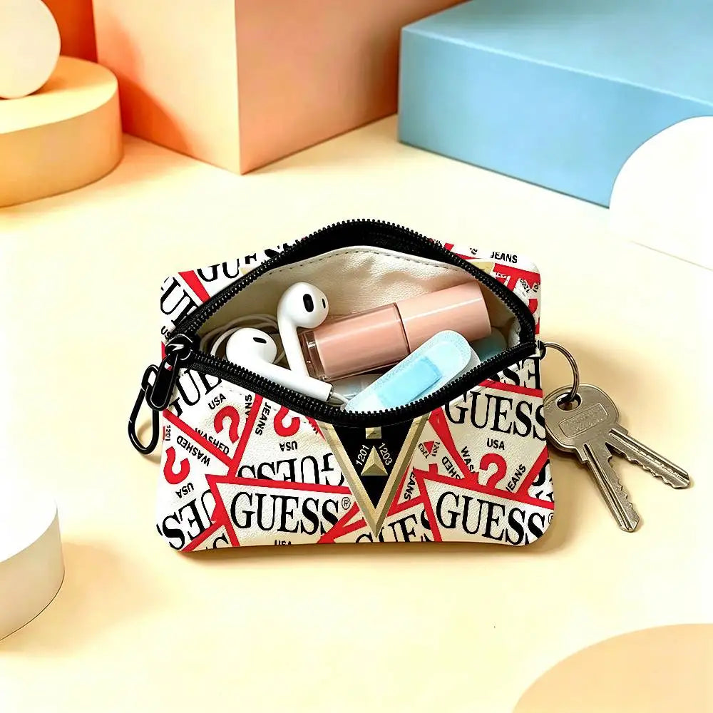 G-Guess-s logo White Oxford Cloth Zipper Coin Purse Lightweight Hanging Key Pouch Card Holder For Daily Use