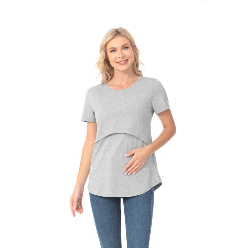 Plus Size Maternity T-Shirt Short Sleeve Stretch Cotton Breastfeeding Tees Loose Nursing Tops for Pregnant Women