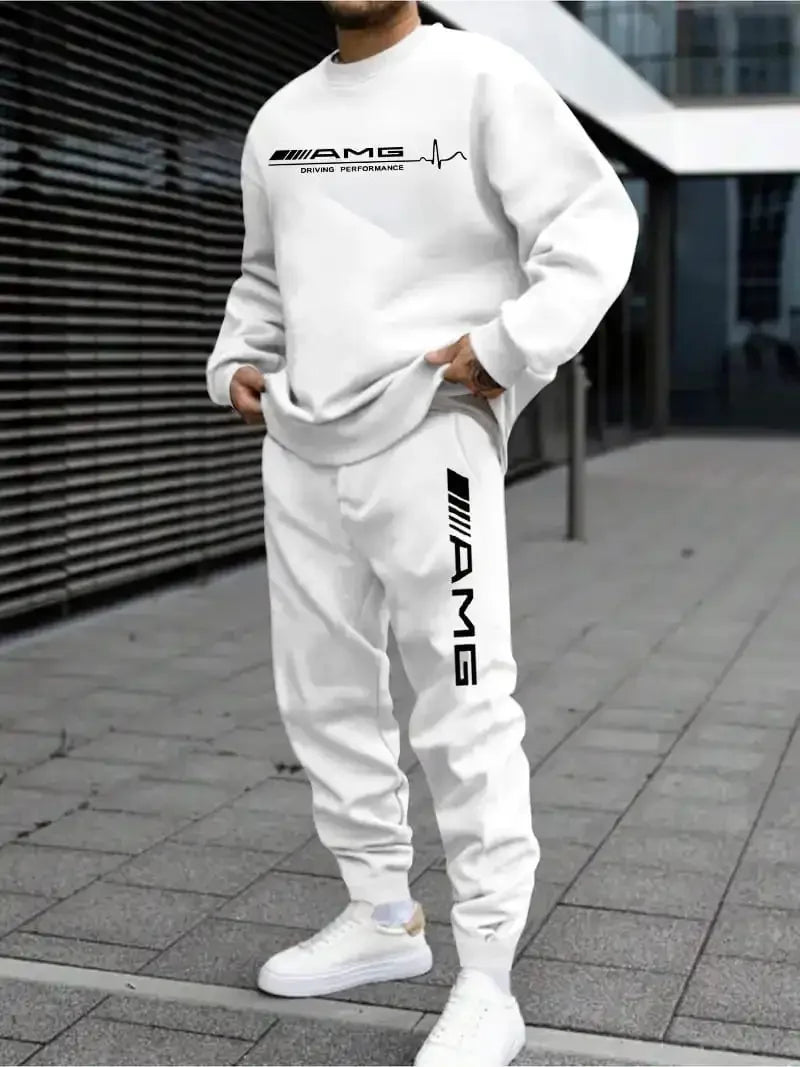 Mercedes-Benz Autumn Winter Set Men's Casual Versatile Printed Sweatshirt and Sweatpants Autumn Winter Cool Handsome Men's Long