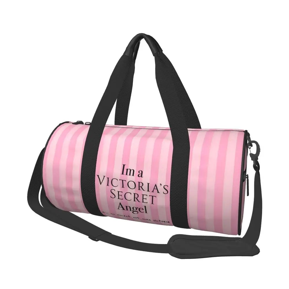 Pink White Stripe Round Capacity Travel Duffel Bag Male Female Large-Capacity Hand Luggage Sports Fitness Bag Travel Package