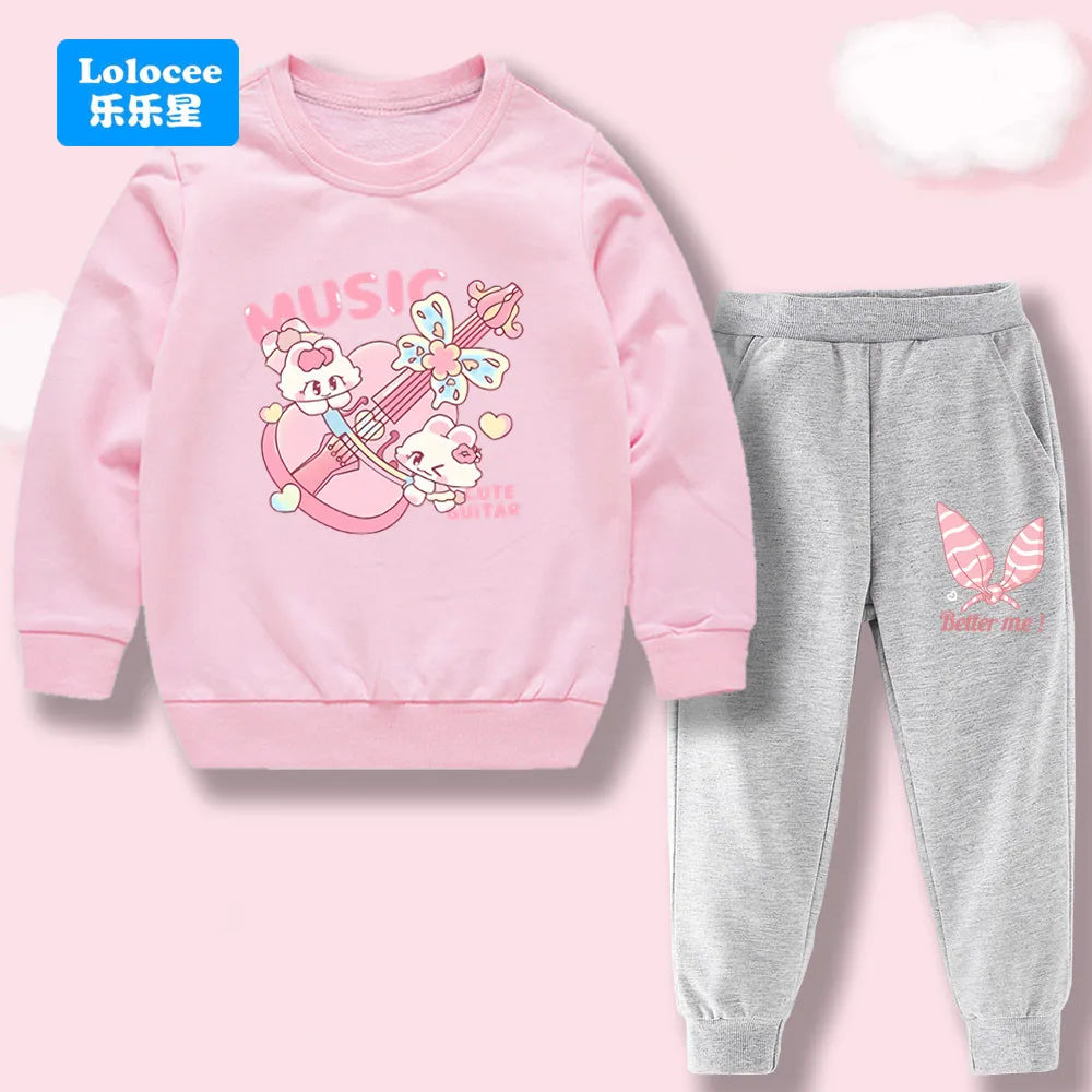 Toddler Girl 2Pcs Outfit: Music Rabbit Cartoon Sweatshirt + Black Pants Kids Casual Clothing Set Kids Tracksuit (3-14Y)  YL01
