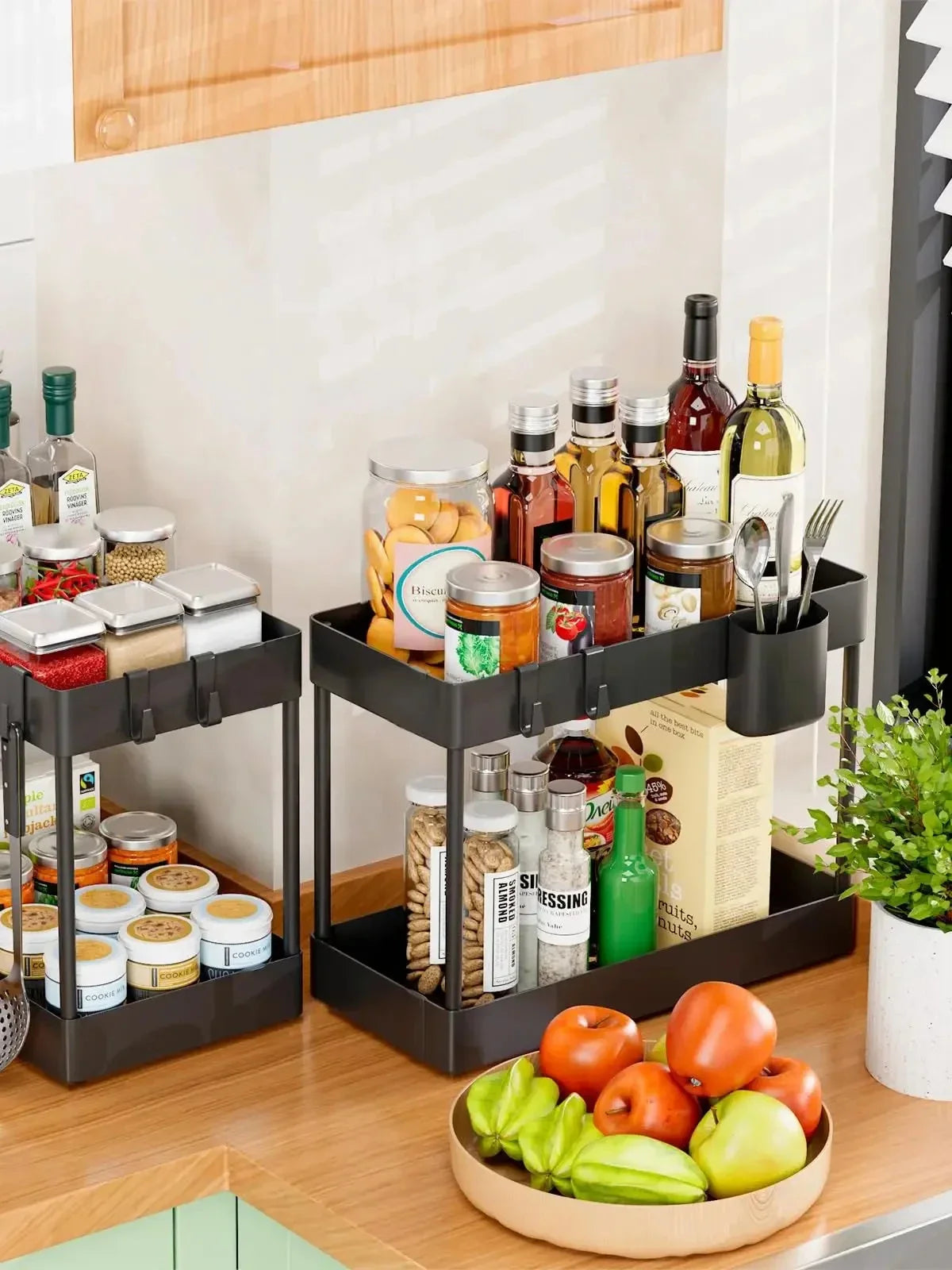 2 Tier Under Sink Organizer Sliding Cabinet Basket Organizer Storage Rack with Hooks Hanging Cup Bathroom Kitchen Organizer