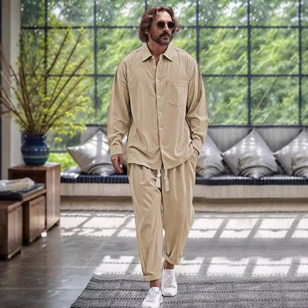 Spring and autumn men's fashion trend quality cotton linen shirt casual loose solid color lapel long sleeve trousers two sets