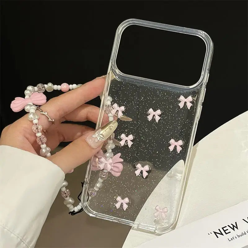 Korean Girl Pink Bowknot Phone Case For iPhone 17 Air 16 15 14 13 12 11 Pro Max 7 8 Plus X XR XS Max With Pink Bow Lanyard Cover