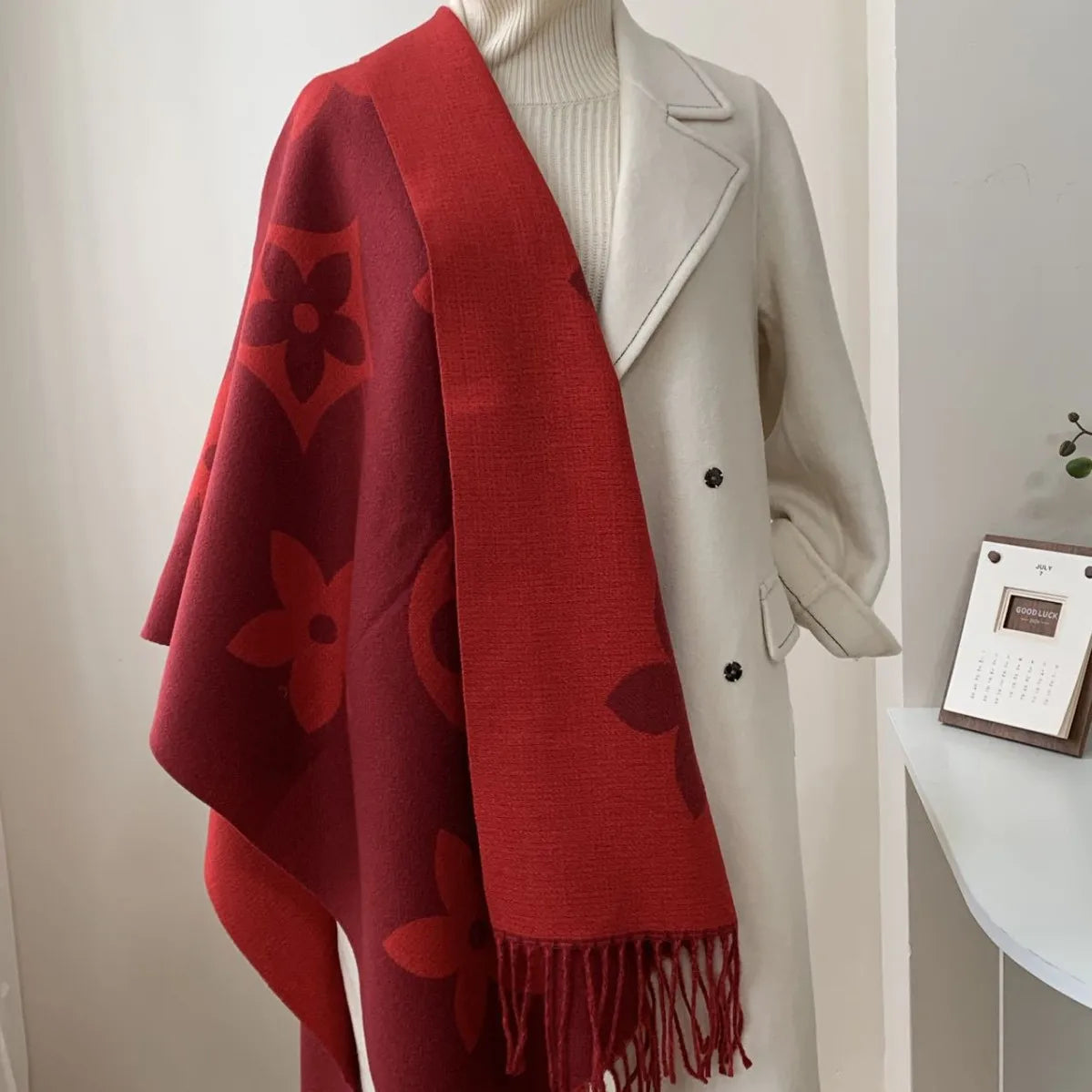 Elegant Double-Sided Cashmere-Imitating Shawl Women's Fashionable Air Conditioning Outerwear Versatile Autumn Winter Style