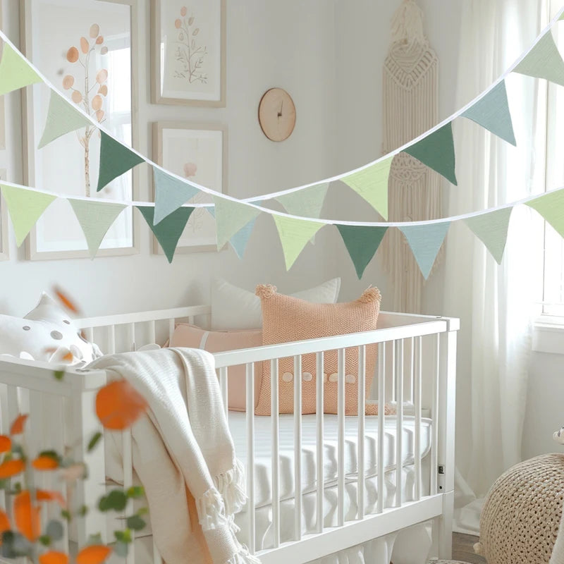 1 Set Sage Green Triangle Flags Bunting Boho-Chic Hanging Flag for Greenery Shower Classroom Wedding Birthday Party Decorations