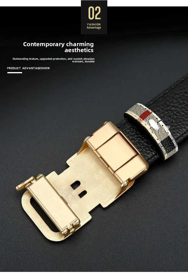 Trendy Plaid B Letter Automatic Buckle Belt for Men Premium Quality Fashionable Business Style Versatile Home Use
