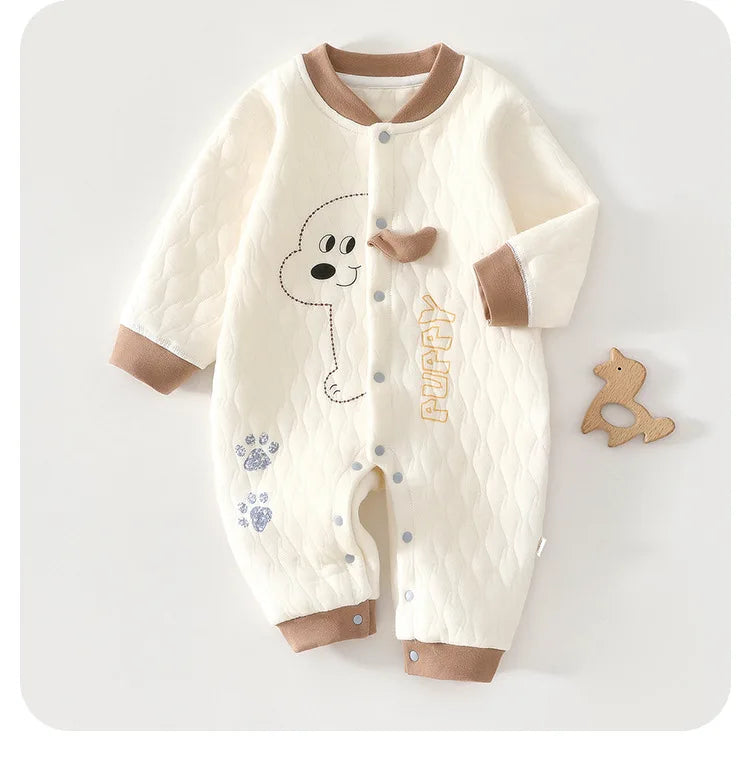 Baby Jumpsuit, Autumn Thick Cotton Jacket, Three-layer Warm Clothes for Newborns 0-18 Months Crawling Clothes for Young Children