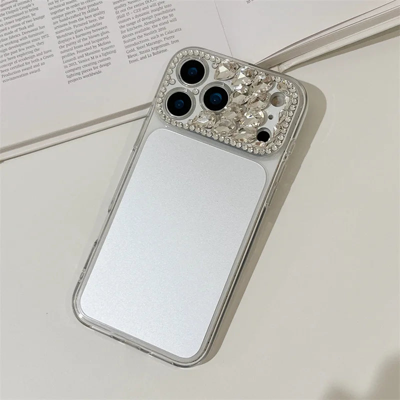 Luxury Sparkling Rhinestone Decoration Camera Frame Large Window Phone Case For iPhone 17 13 14 15 16 Pro Max Shockproof Cover