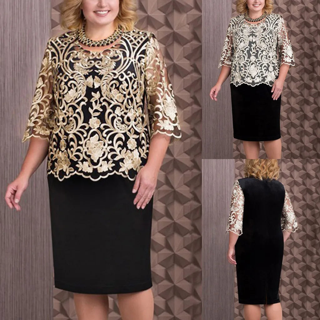 Women Elegant Formal Dress Large Size Half Sleeve Lace Patchwork Evening Party Dress Embroidery Round Neck Cocktail Dress