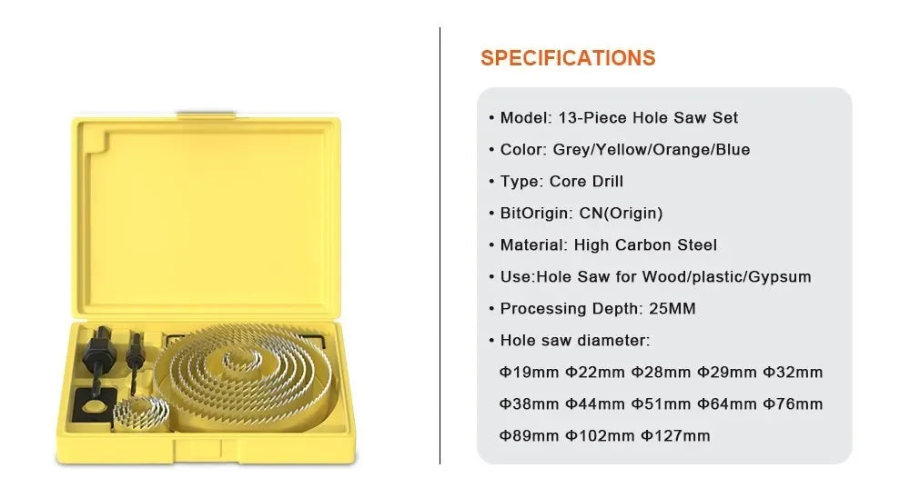 Hole Saw Set,Metal Core, 19-127mm Saw Cup Wood Crown, Drill Bit For Wood ,Woodworking Tools
