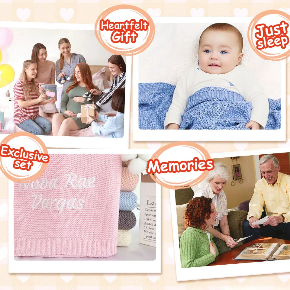 Personalized Embroidered Name Knitted Cotton Blanket Stroller Cover Kids Nap Blanket for Newborn Baby Shower Gift