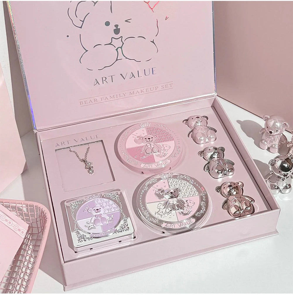 ART VALUE 7PC Makeup Sets Include 3 Colors Lip Mud,1 Pressed Powder,1 Blush,1 Eyeshadow Palette,1 Necklace Beauty Makeup Sets