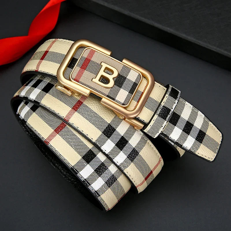 Trendy Plaid B Letter Automatic Buckle Belt for Men Premium Quality Fashionable Business Style Versatile Home Use