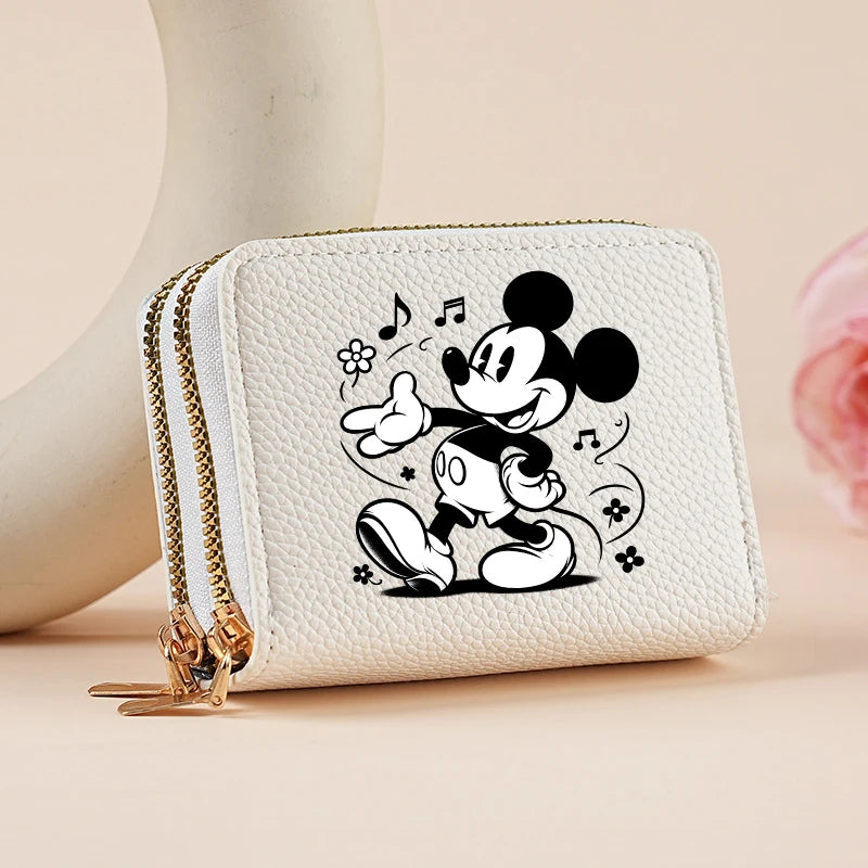 Mickey Minnie Women's Double Zipper Wallet Lychee Pattern Fashion Short Credit Card Holder with Large Capacity Coin Purse