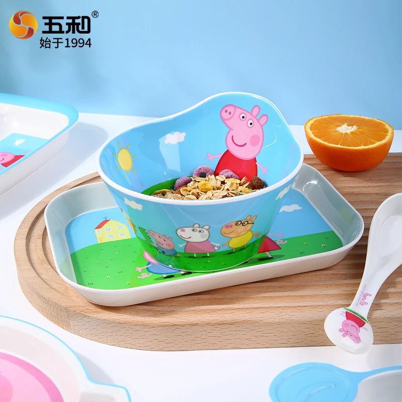 For Peppa Pig Tableware Cartoon Salad Bowl Anti-Fall Dining Plate Cup Spoon Baby Eating Double-ear Bowl Food-grade Divided Plate