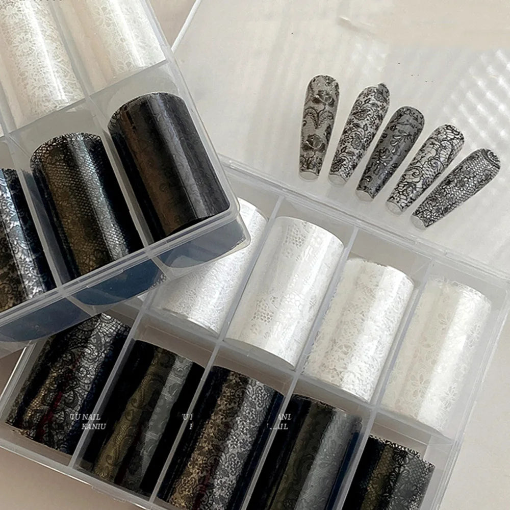 10 Rolls 2.5*50cm Sexy Lace Nail Foils Black White Transfer Paper Nail Art Stickers Stripe Lace Manicure Decals Nail Decorations