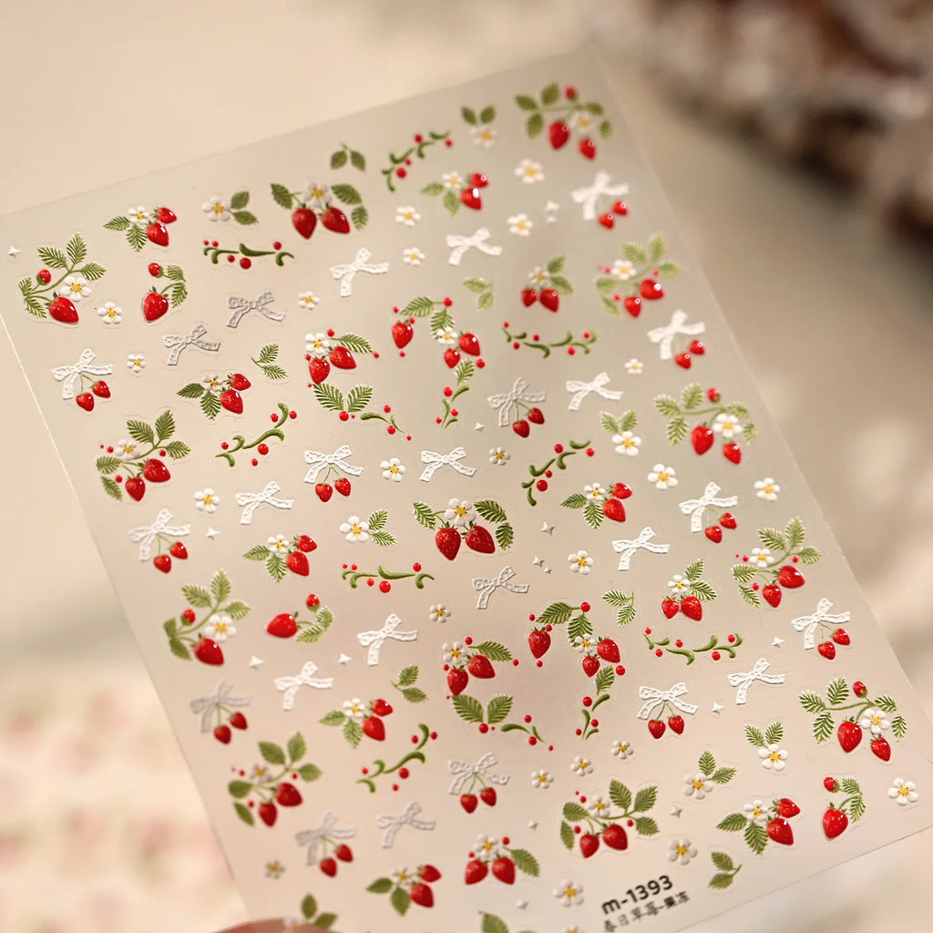 Spring Strawberry Vine 5D Nail Art Stickers Garden Fresh Red Strawberry Green Leaves Flower Cherry Branch Bow Nail Decals DIY