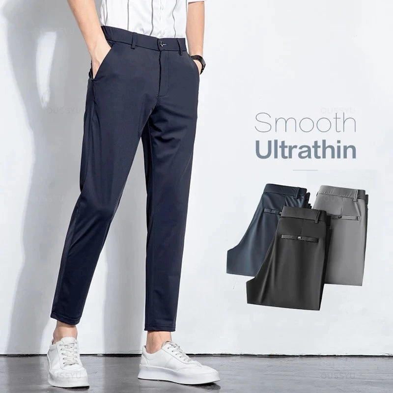 Summer Stretch Suit Pants Men Thin Business Solid Color Slim Ankle-Length Casual Formal Office Trousers