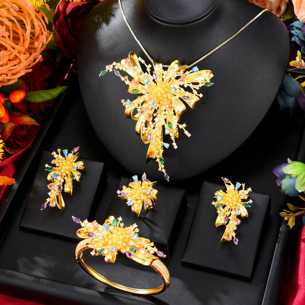 GODKI Famous Brand 4PCS Bicolor Flower African Jewelry Set For Women Wedding Party Zircon Crystal Dubai Bridal Jewelry Set Gift