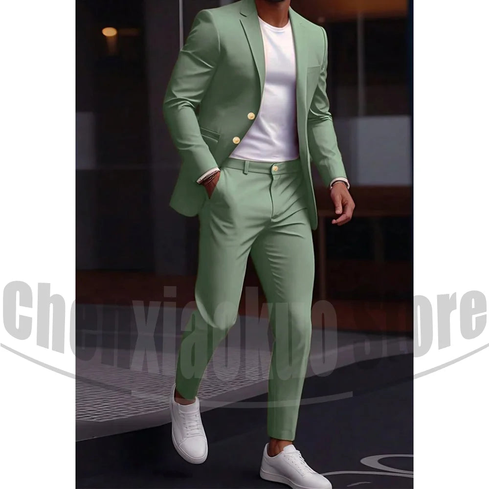Men's Light Green Suit Set Single Breasted Casual Stylish Wear for Daily Party Fashion Solid Color Formal Male Suit 2 Piece