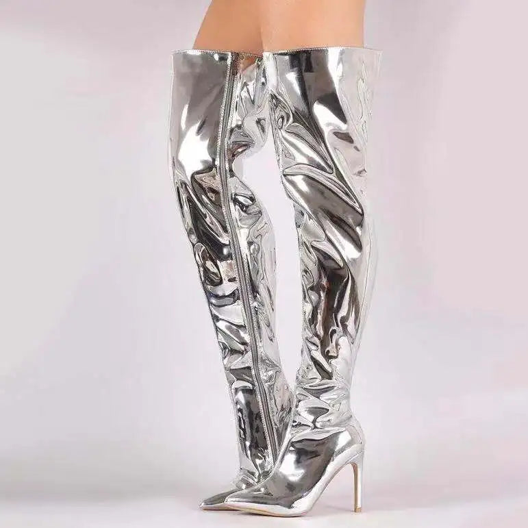 Over the knee punk boots Women Boots Mirror Platform Pointy Toe with shiny silver finish