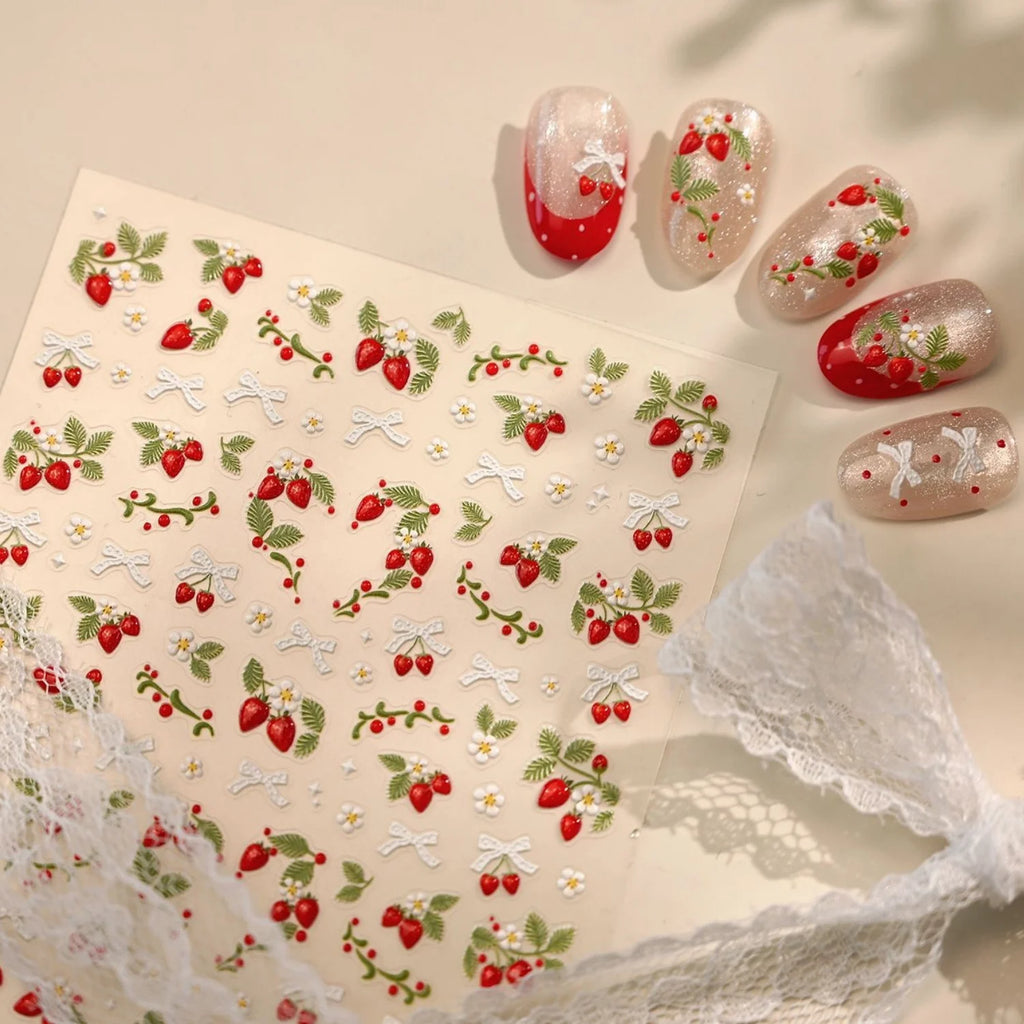 Spring Strawberry Vine 5D Nail Art Stickers Garden Fresh Red Strawberry Green Leaves Flower Cherry Branch Bow Nail Decals DIY