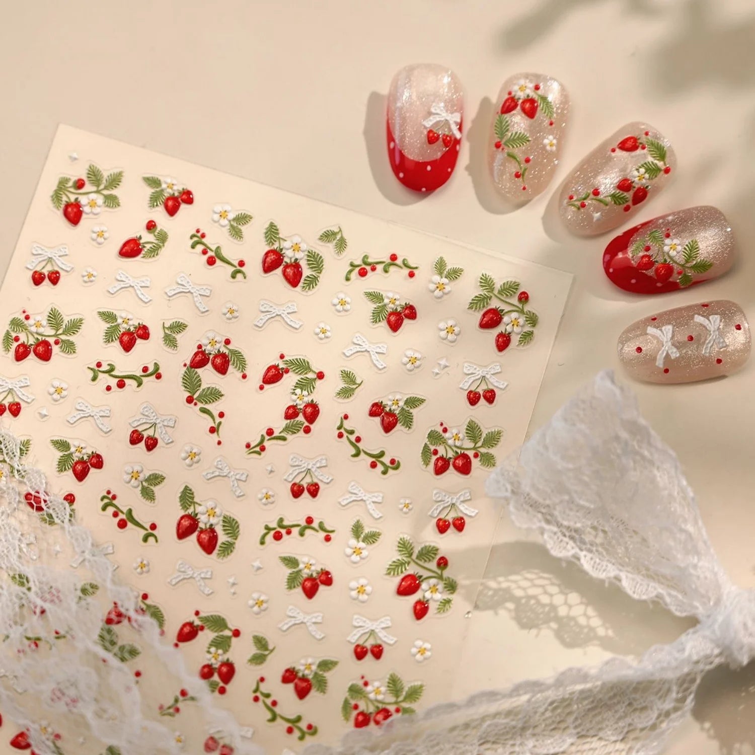 Spring Strawberry Vine 5D Nail Art Stickers Garden Fresh Red Strawberry Green Leaves Flower Cherry Branch Bow Nail Decals DIY