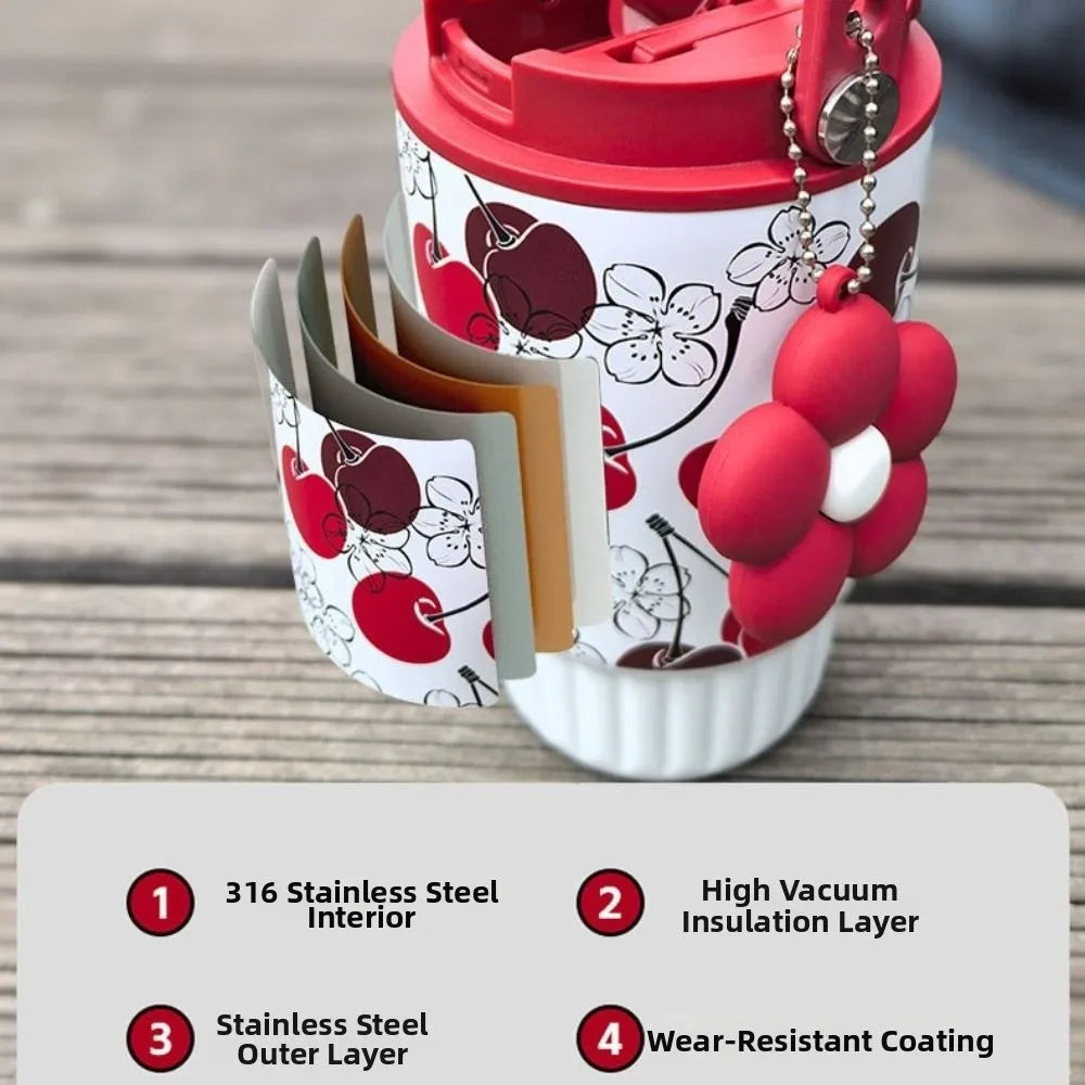500ML 316 Stainless Steel Straw Cup Insulation or Cooling Strawberry Fruit Print Insulated Cup with Flower Pendant