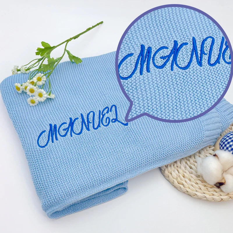 Personalized Embroidered Name Knitted Cotton Blanket Stroller Cover Kids Nap Blanket for Newborn Baby Shower Gift