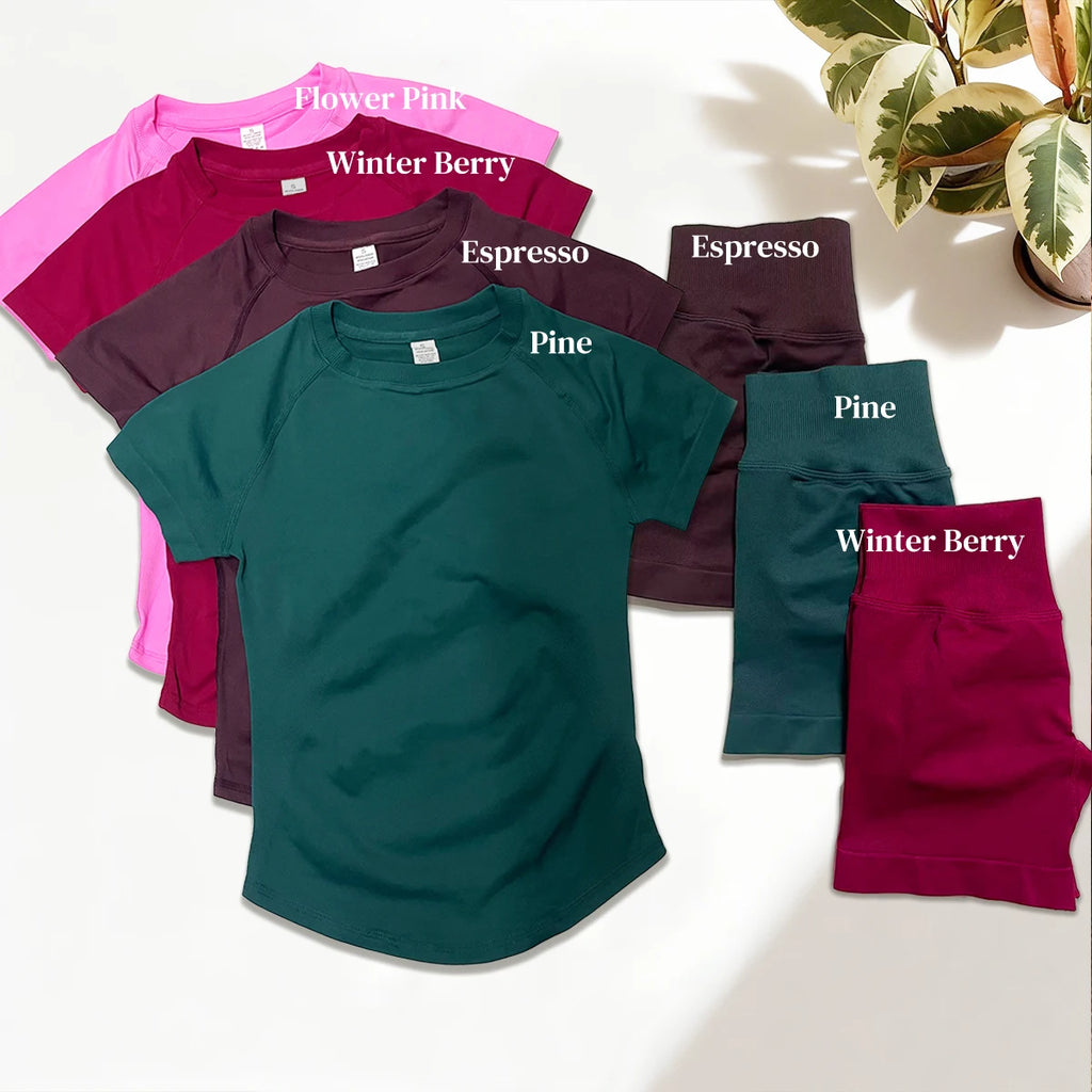 3 Pcs Short Sleeve Shirt Gym Set Round Neck Yoga Shirt & Seamless Shorts &Strappy Bra Fitness Cycling Gym Clothing
