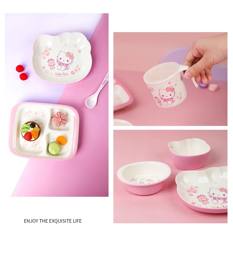 For Cherry Blossom Hello Kitty Tableware Baby Complementary Food Bowls BPA-Free Dining Plates Rice Bowl Cartoon Divided Plates