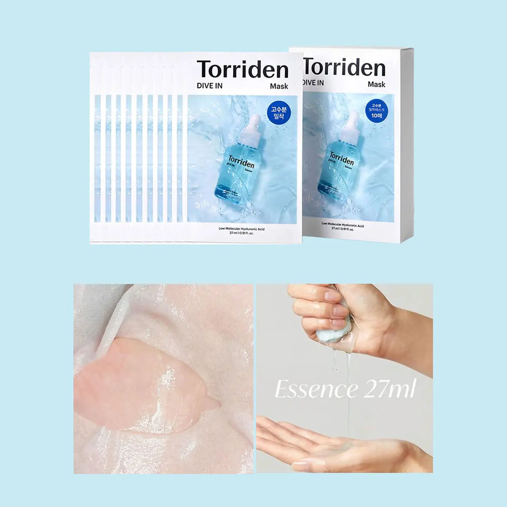 Torriden DIVE-IN Hyaluronic Acid Facial Sheet Masks 10pcs,Thin & Skin-Fit,Deep Hydration,Weekly Treatment,K-Beauty,Korean Makeup