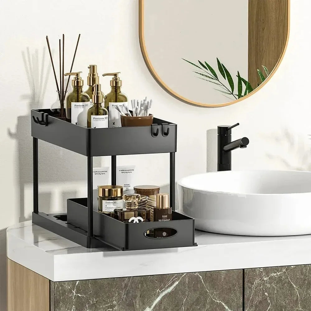 Hot-selling 2-Tier Kitchen Storage Rack Pull-Out Sliding Cabinet Basket Storage Shelf Bathroom & Kitchen Organizer
