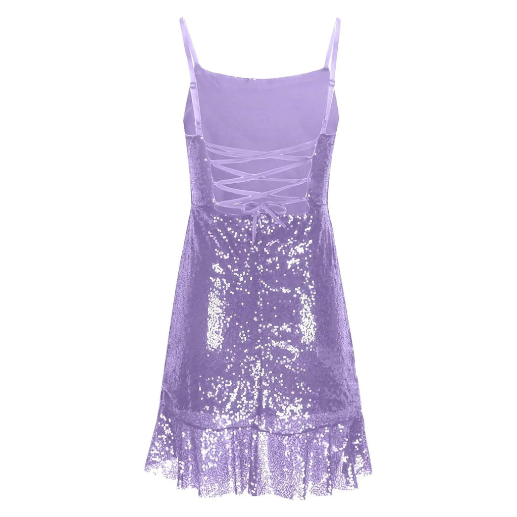 Sexy Slim Fitting Fashion Solid Color Sequin Back Cross Tie Ruffle Edge Sleeveless Suspender Irregular Hem Pleated Party Dress